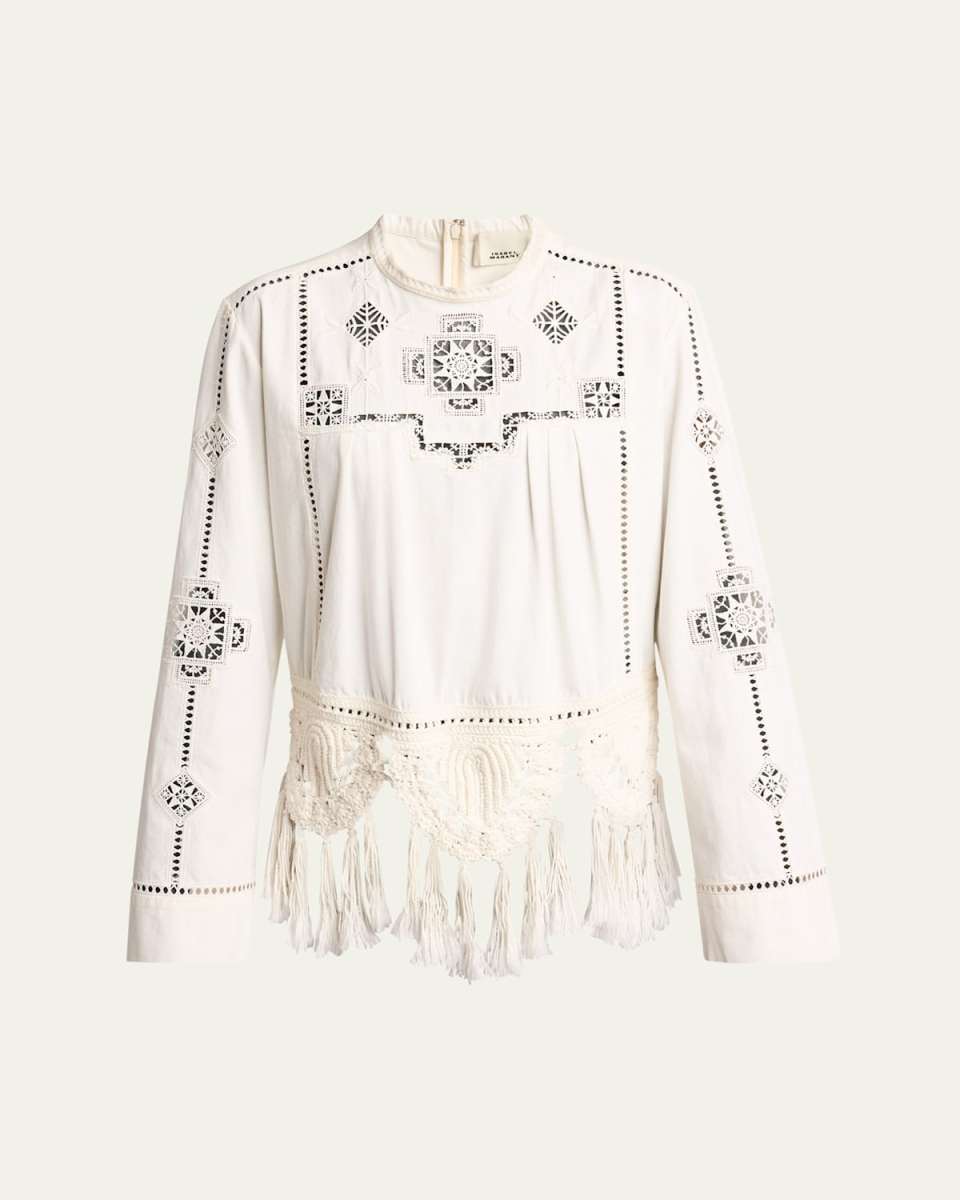 Severine Crochet Fringe-Hem Long-Sleeve Blouse